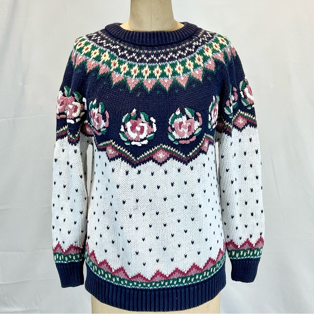 VINTAGE 80s rose floral embroidered‎ fair isle knit sweater cottagecore feminine - Picture 9 of 16